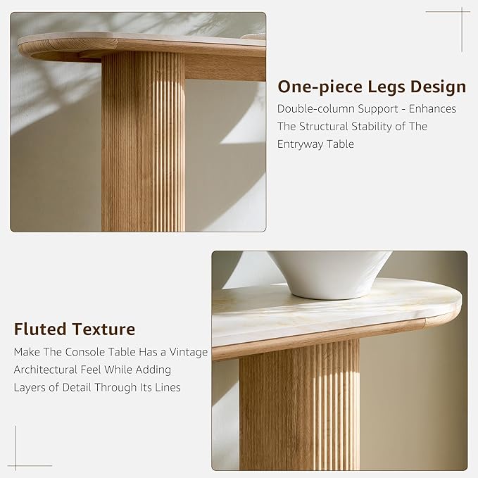 OKD 63 Inch Modern Console Table with Arc Black Marble Texture Top, Fluted Wood Base, Contemporary Entryway Sofa Table for Living Room, Hallway, Foyer, Natural Oak