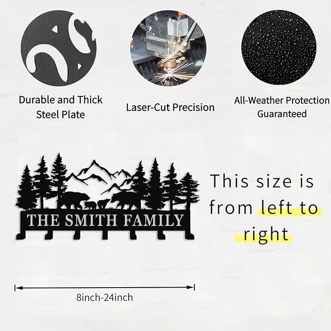 Custom Metal Hooks Key Rack with Name,Bear Family Theme Decor,Personalized Key Holder Wall Mount Hooks for Bedroom Entryway,Housewarming Gift Bear