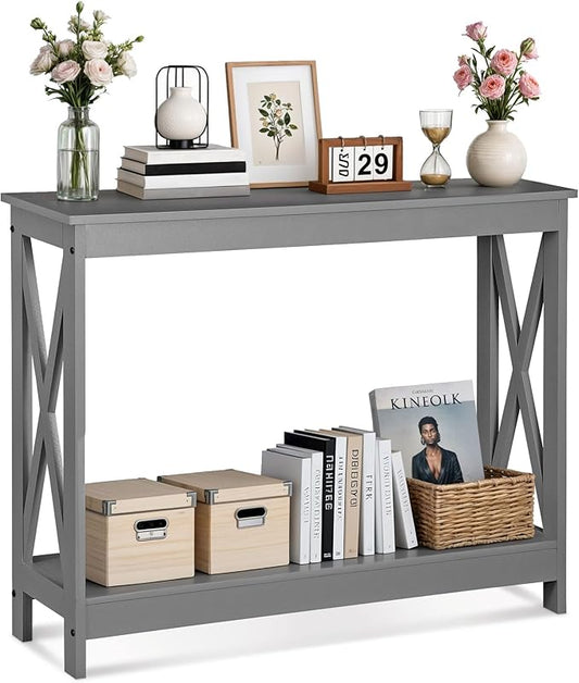 SUPER DEAL Console Table 39.5”, 2-Tier Narrow Sofa Side Table with Storage Shelf, Entrance Table for Hallway/Foyer/Living Room/Corridor/Office, Grey