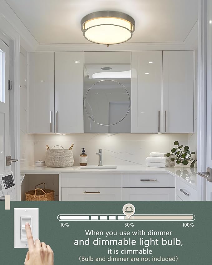 Close to Ceiling Light Fixtures, Bushed Nickel Farmhouse Ceiling Light with 2 Light for Laundry Kitchen Bedroom Bathroom, 4822-BN