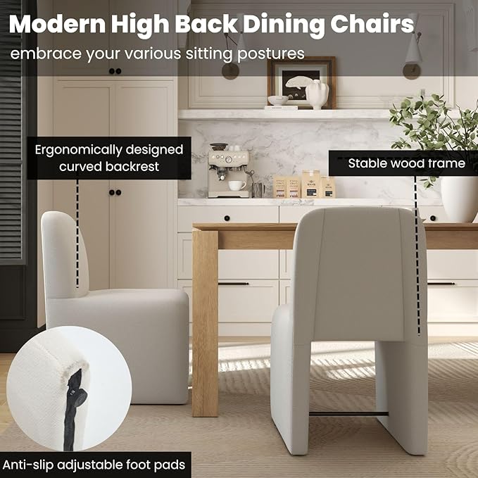 White Upholstered Chenille Dining Chairs Set of 4, Mid Century Modern Dining Room Chairs with Deep Seat & Curved Back, Armless Side Chair Comfy Kitchen Chairs for Living Room/Kitchen