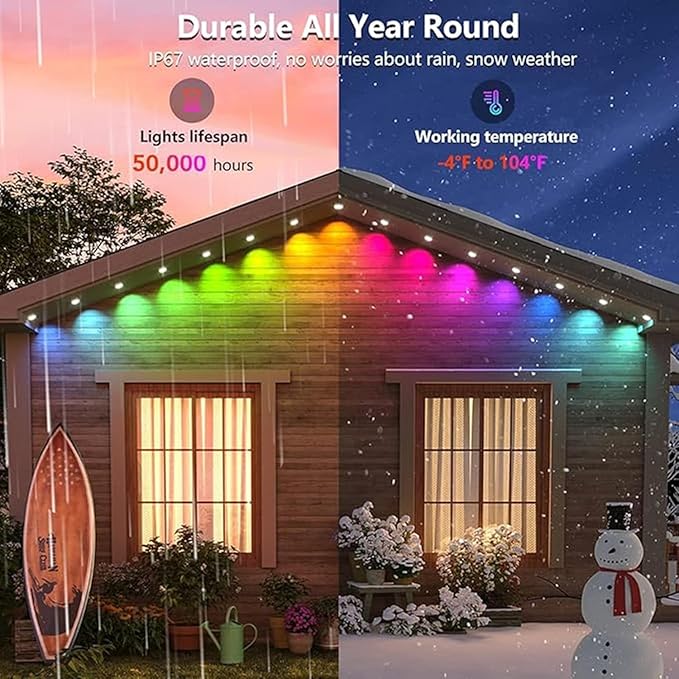 Permanent Outdoor Lights,100ft RGB + IC Smart LED Eaves Lights with App & Remote Control, IP67 Waterproof,for Christmas and All Holiday Decor,Daily and Accent Lighting,House Roof and Garden Lighting