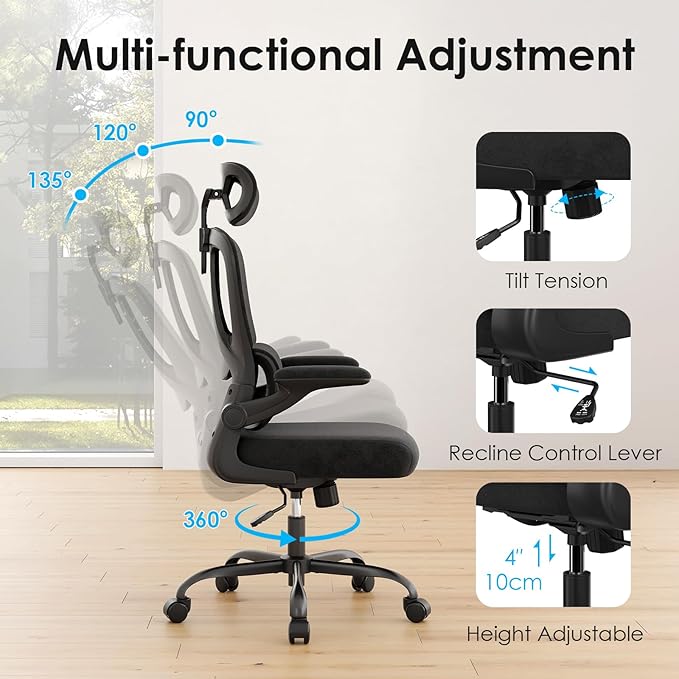 Farini Ergonomic Office Chair, Desk Chair with Headrest and Lumbar Support, High Back Swivel Home Office Chair with Headrest for Home Office Bedroom, Gifts, Black & Black