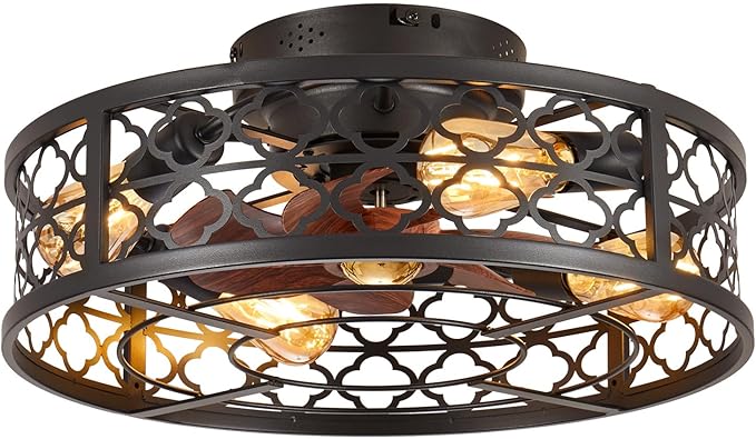 Farmhouse Ceiling Fans with Lights Remote Control,6 Speed Reversible Flush Mount Low Profile Rustic Ceiling Fan with Light with bulb 4*E26,Boho Bladeless Country Caged Ceiling Light Fixture