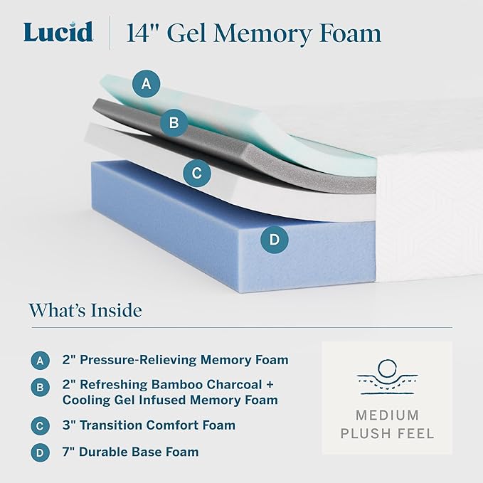 Lucid 14 Inch Memory Foam Mattress - Medium Plush Feel - Infused with Refreshing Bamboo Charcoal and Cooling Gel - Bed in a Box - Temperature Regulating - Pressure Relief - Breathable - Full Size