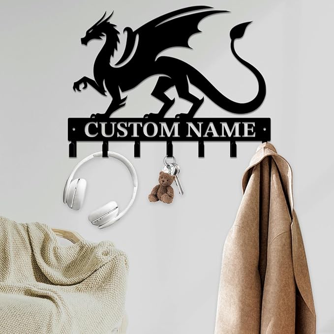 Personalized Evil Dragons Keys Hooks,Custom Name Metal Dragons Art Keys Hooks,Metal Dragons Lover Wall Home Storage Decorative Keys Hooks,Key Holder Hooks for Wall (Style E)