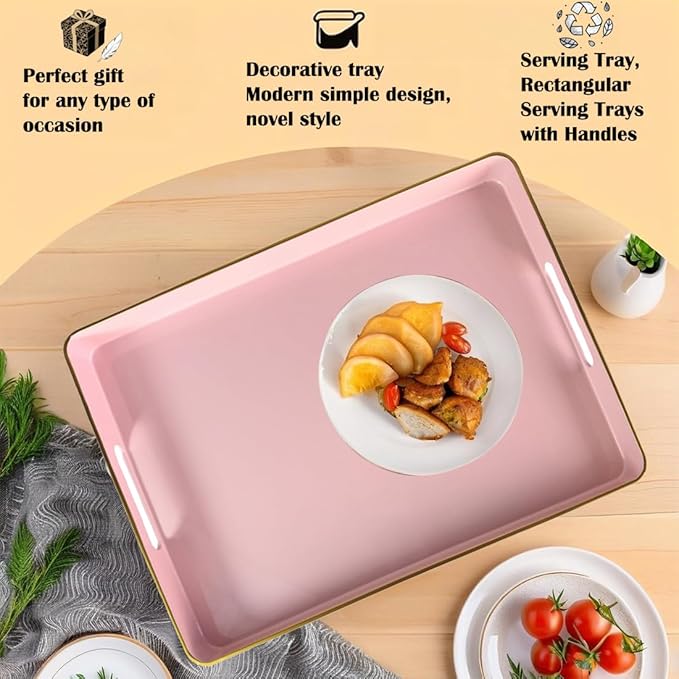 Large Pink Tray, Elegant Plastic Coffee Table Tray for Ottoman, Home Decor, Living Room.16.7"*12"*1.6"