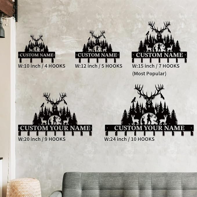 Personalized Custom Name Hunting Deer Wall Key Hooks,Metal Hunting Art Clothes Hooks,Metal Hunting Wall Home Storage Decorative,Hunter For Front Door, Hallway, Kitchen, Bedroom,Keys,Hats (Style M)