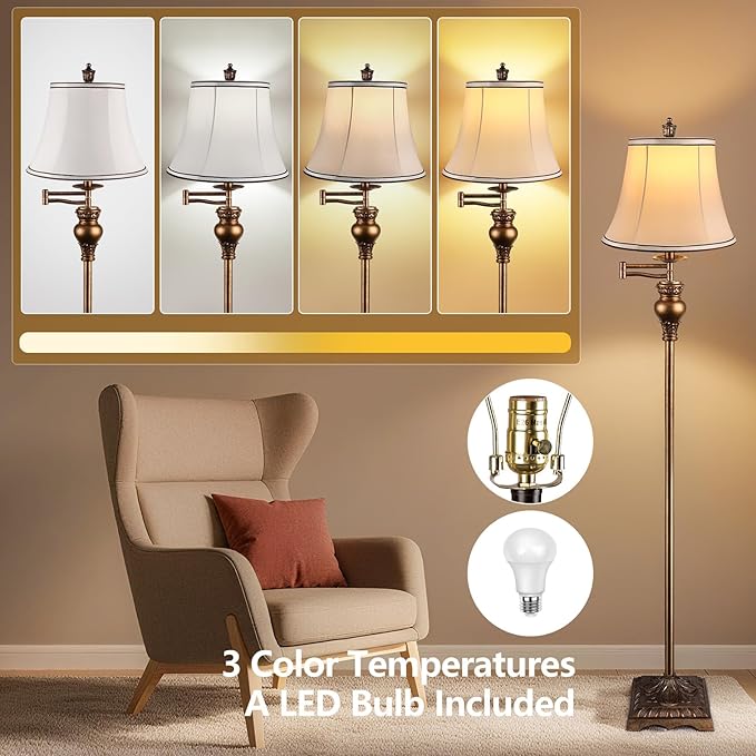 PARTPHONER Vintage Floor Lamps for Living Room,Traditional 350° Adjustable Swing Arm Farmhouse Floor Lamp for Bedroom, Rustic Standing Lamp Pole Lamps for Reading, Home Décor and Office,Bronze Gold