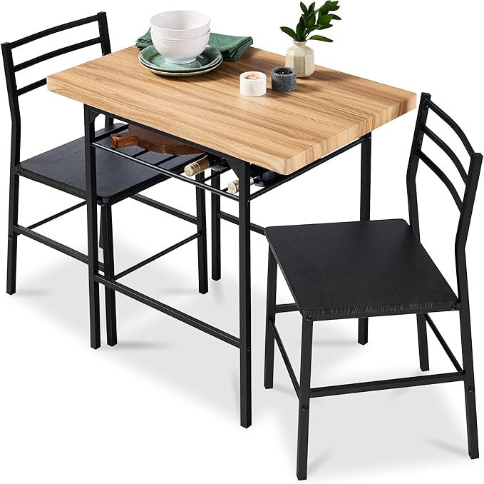 Best Choice Products 3-Piece Modern Dining Set, Space Saving Dinette for Kitchen, Dining Room, Small Space w/Steel Frame, Built-in Storage Rack - Oak/Black