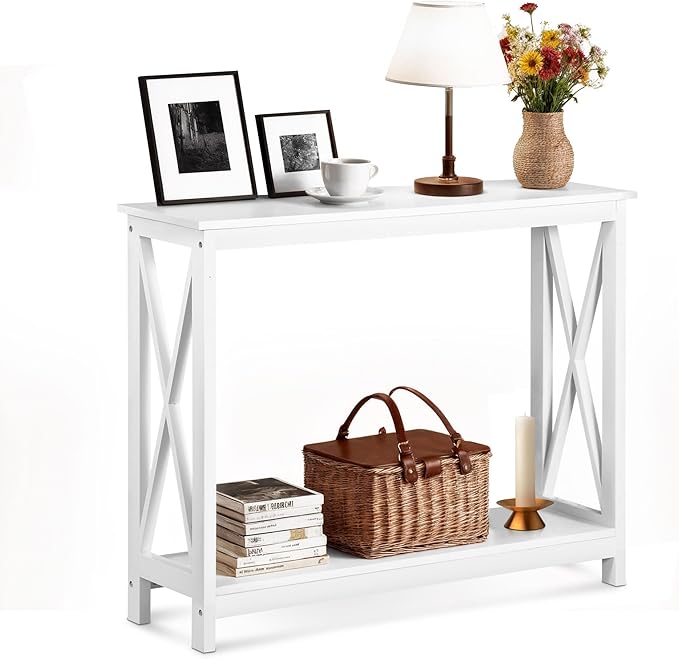 SUPER DEAL Console Table 39.5”, 2-Tier Narrow Sofa Side Table with Storage Shelf, Entrance Table for Hallway/Foyer/Living Room/Corridor/Office, White