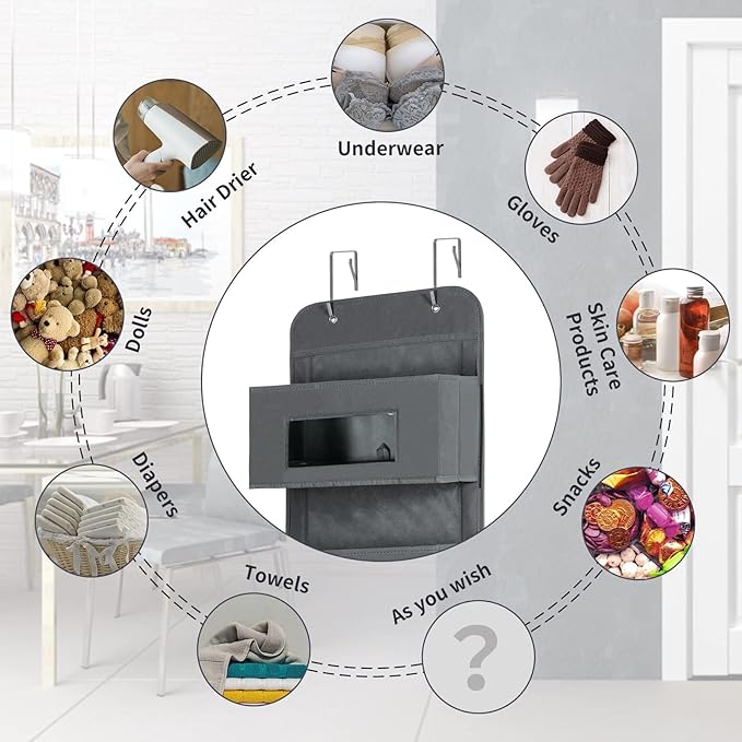 MAX Houser 5-Shelf Over The Door Hanging Organizer with 2 Metal Hooks，5 Pocket Over The Door Wall Mount Storage with Clear Windows for Baby Nursery Bathroom Closet,Bedroom,Dorm (Gray-2 Pack)