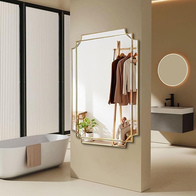 Large Gold Rectangle Mirror, 48"x31.6" Bathroom Mirrors for Over Sink, Modern Beveled Mirror Decorative, Elegant Oblong Wall Mirrors for Living Room Bedroom Fireplace Entryway Hallway