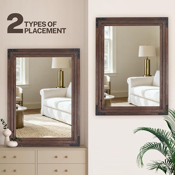 Full Length Mirror 40"x30" Solid Wood Frame Floor Standing Mirror, Hanging or Leaning Wall-Mounted for Living Room, Bedroom, Brown