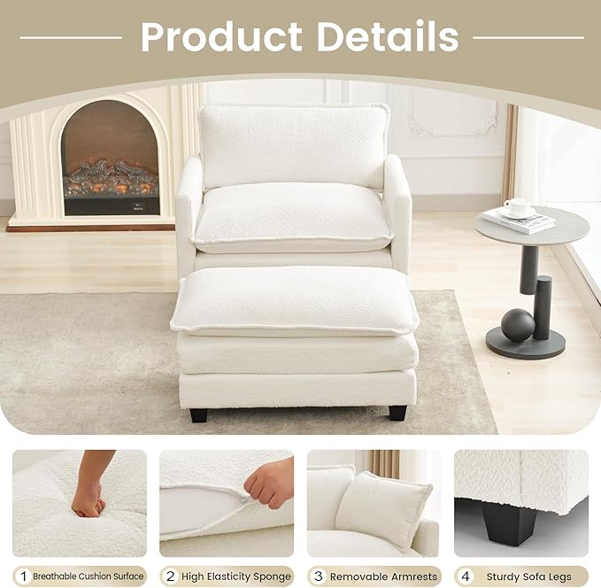 ROWHY Convertible Sectional Couch with Ottoman, Single Armchair with armrests, Modern Living Room Furniture Set, Small Couches for Small Spaces, for Living Room, Chenille, Beige