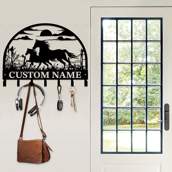 Custom Horse Key Hook - Personalized Forged Iron Wall Keys Holder with Equestrian Design, Black Metal Home Decor for Horse Theme Lovers (Style B)