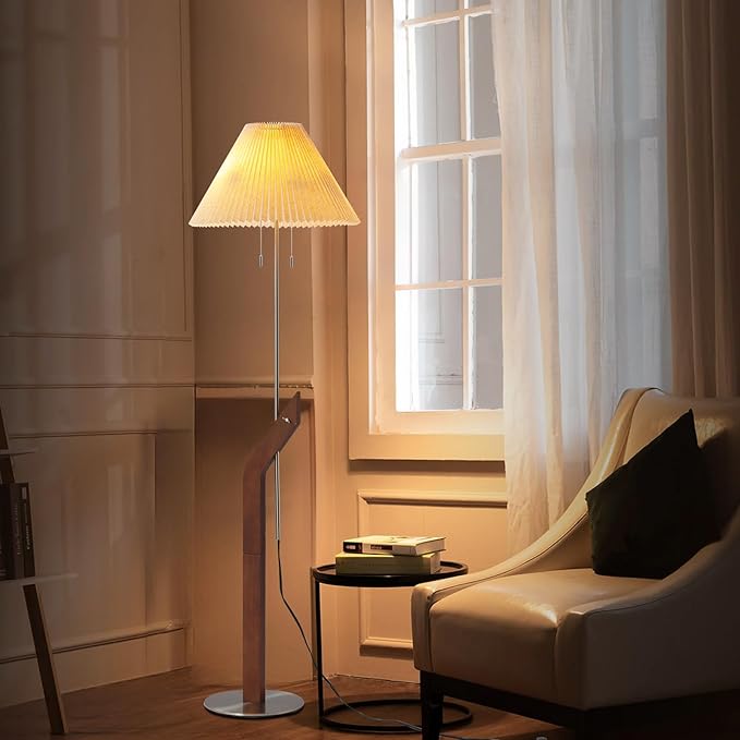 Wood Floor Lamp,2-Light Modern Mid Century Vintage Floor Lamp, Height Adjustable Living Room, Study Room,Bedroom,Office Tall Standing Lamp,Linen Lampshade