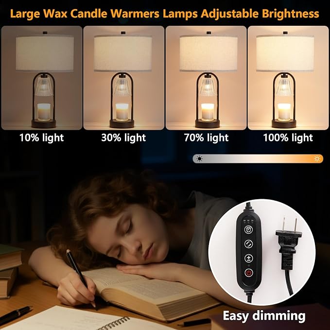 Plug in Black Candle Warmer Lamp with Timer Dimmable, Wax Melts Candle Warmer with Beige Fabric Shade Lamp, Christmas Birthday Gifts for Mom Women Sister, House Warming Gifts Include 3 Bulb