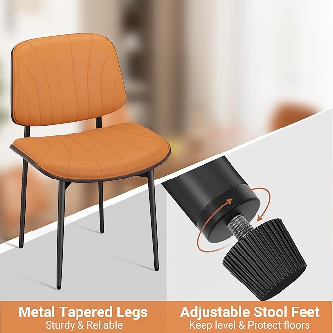 Dining Chairs Set of 8, Mid-Century Modern Upholstered PU Leather Chairs with Walnut Back and Metal Legs Adjustable Feet for Kitchen Dining Room, Orange Shell Strips