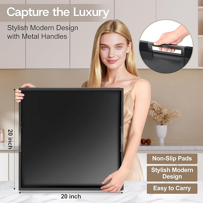 Joy&Grace Large Square Ottoman Tray for Living Room and Coffee Table 20 Inch Decorative Wooden Serving Tray with Handles for Breakfast in Bed, Dinner Food Kitchen TV (Black, 20" x 20" x 2")