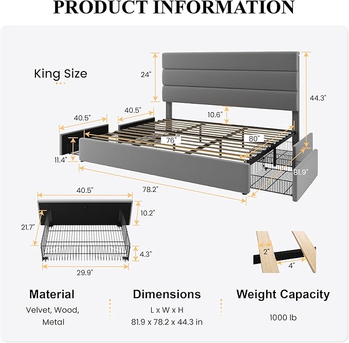 SHA CERLIN King Size Platform Bed Frame with 4 Storage Drawers, Velvet Upholstered Headboard, Mattress Foundation with Wooden Slats Support, No Box Spring Needed, Easy Assembly, Grey