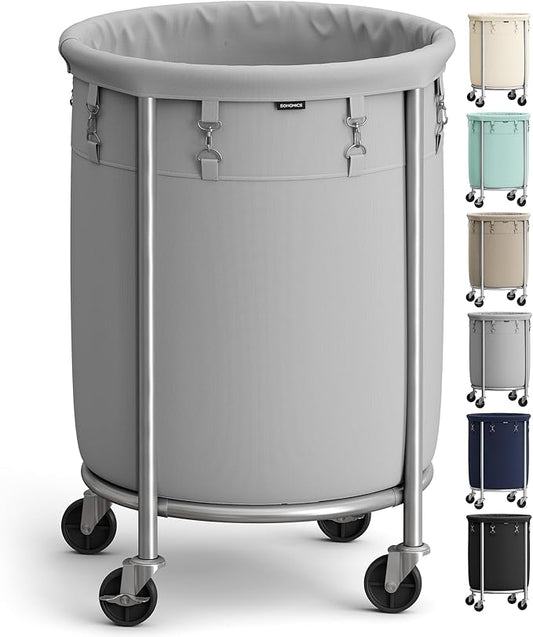 SONGMICS 29-Gallon (110 L) Laundry Basket with Wheels, Rolling Round Heavy-Duty Laundry Hamper Cart with Steel Frame and Removable Bag, 2 Locking Wheels, Gray and Metallic Silver URLS002G01