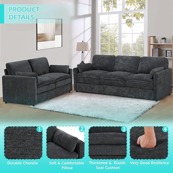 2 Pieces Chenille Sofa Set w/Throw Pillows, Upholstered Loveseat & 3 Seater Sofa w/Comfortable Back Cushions, Modern 2-Seat & 3-Seat w/High-Density Foam for Living Room, Apartment, Grey