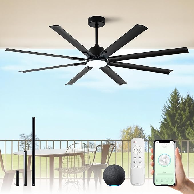 72In Black Aluminum Ceiling Fan with Light,Smart ceiling fan with Alexa and APP(via WIFI),6 Speed,3CCT,Quiet DC Outdoor Indoor fan for patio and Living Room