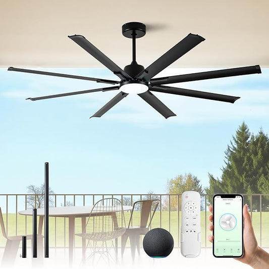 72In Black Aluminum Ceiling Fan with Light,Smart ceiling fan with Alexa and APP(via WIFI),6 Speed,3CCT,Quiet DC Outdoor Indoor fan for patio and Living Room