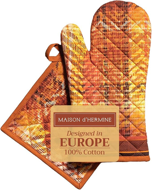 Maison d' Hermine 100% Cotton Oven Mitt & Pot Holder Set (7.5"x13" & 8"x8") Heat Resistant BBQ Cooking Gloves with Loop for Thanksgiving Christmas Decorations Handling Hot Pans (Thanksgiving Tartan)