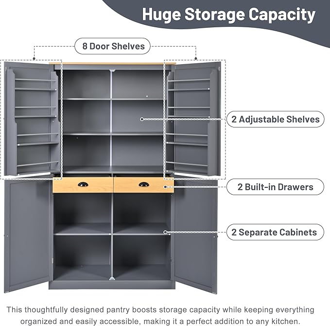 Merax 71.3" Tall Kitchen Storage Cabinet Pantry Wood Freestanding Large Cupboard with 2 Drawers,2 Adjustable Shelves,8 Door-Shelf for Dining Room,Grey