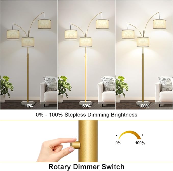 Dimmable Floor Lamp - 3 Lights Gold Arc Floor Lamps for Living Room, 1000LM Modern Tall Standing Lamp with White Shade&Marble Base, Mid Century Tree Floor Lamp for Bedroom Office, 3 LED Bulbs Included