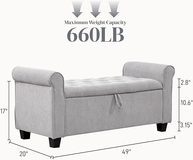 End of Bed Storage Bench for Bedroom, 49" Upholstered Storage Ottoman with Rolled Arms, Rivet Polyester Fabric Ottoman Bench for Bedroom, Living Room, Window, Entryway, Light Gray