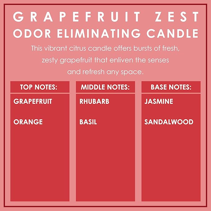 Grapefruit Zest Odor Eliminating Highly Fragranced Candle - Eliminates 95% of Pet, Smoke, Food, and Other Smells Quickly - Up to 80 Hour Burn time - 12 Ounce Premium Soy Blend