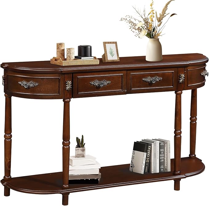 HMFULE Retro Curved Console Table, 52" Half Moon Console Table Sofa Table Entryway Table with 2 Drawers 1 Open Shelf Solid Pine Legs for Living Room,Entryway,Hallway,Cherry