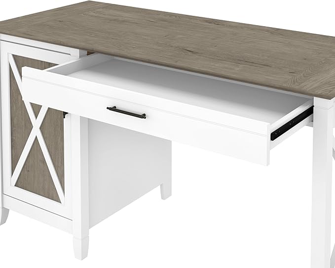 Bush Furniture Key West Computer Desk with Storage | Farmhouse PC Table for Home Office in Pure White and Shiplap Gray | 54W x 24D