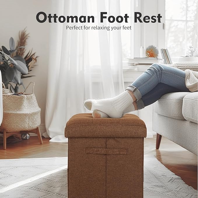 Storage Ottoman Cube, Folding Foot Rest with Thicker Foam Padded Seat. 350 lbs Small Linen Ottoman with Storage Bench Footstool for Living Room, Bedroom, Coffee Table. 17x13x13in, Brown