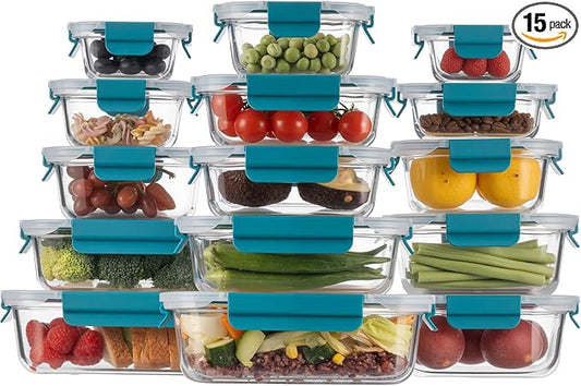 GENICOOK Airtight Glass Meal Prep Containers 15-Pack with Locking Lids, Leak-Proof Food Storage Containers Set, BPA-Free, Safe for Microwave, Oven, Freezer, Dishwasher