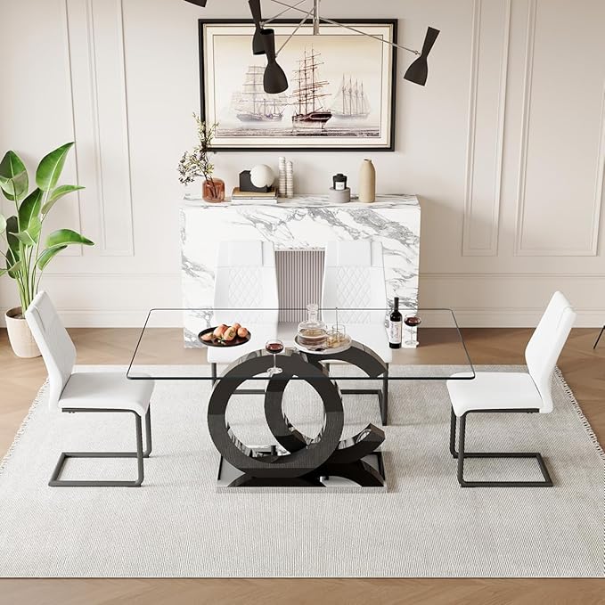 63'' Glass Dining Table Set for 4, Kitchen Table Chairs Set of 4, Clear Glass Dining Table with Black unique design Leg and Silver Metal Base, 4 PU Dining Chairs with Metal Legs, Living Room, Kitchen.
