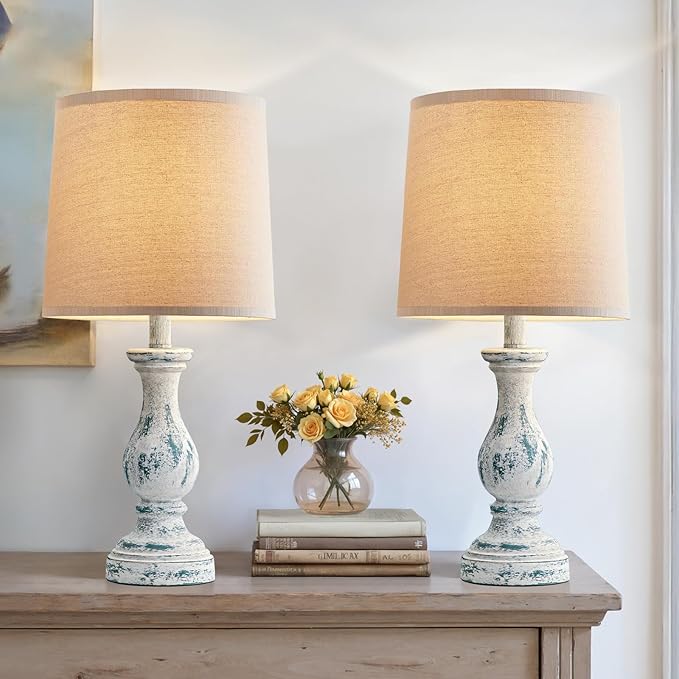 Seealle Farmhouse Table Lamps Set of 2 - Rustic Lamp for Bedroom Living Room, 22" Boho Bedside Lamps for Night Stands End Table Office Desk Lamp Nightstand Clearance with Linen Shades(Washed Blue)