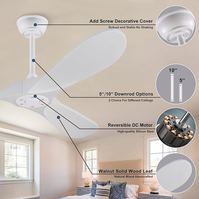 52 inch Ceiling Fan no Light, Quiet Reversible DC Motor Wood Ceiling Fan Without Light, White Modern Ceiling Fan with Remote Control for Outdoor Indoor Farmhouse Patios