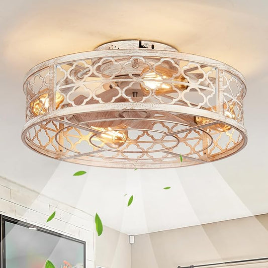 Farmhouse Ceiling Fans with Lights Remote Control,6 Speed Reversible Flush Mount Low Profile Rustic Antique White Ceiling Fan with Light,Boho Bladeless Country Caged Ceiling Light Fixture