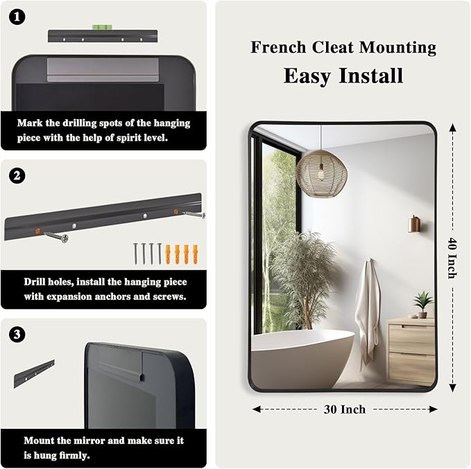 Wall Mirror 30" x 40" for Bathroom Black Metal Deep Frame Mirror for Wall Decorative Rectangular Round Corner Wall Mounted Vanity Mirror for Bedroom Living Room Entryway Wall Decor