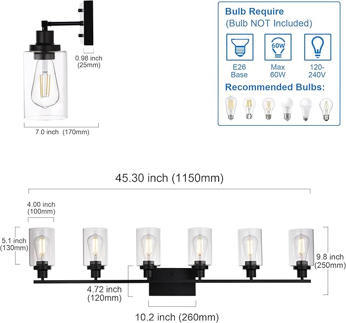 MELUCEE Black Vanity Light Fixture 6-Light Industrial Metal Wall Sconce Bathroom Lighting for Bedroom Hallway Kitchen, Clear Glass Shade Included (Patent No.: US D963914 S)
