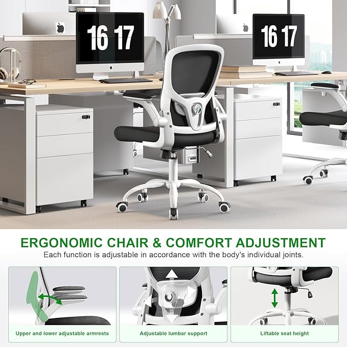 Ergonomic Office Chair High Back with Adjustable Lumbar Support, Mesh Computer Chair,Headrest and Flip-Up Arms for Executive, 90-120° Tilt Swivel Rolling Task Chairs(White-black6076)