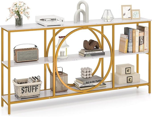 Giantex Narrow Long Console Table, 3-Tier Entryway Table with Faux Marble Top & Heavy-Duty Metal Frame, Mid-Century Accent Sofa Tables with Open Storage Shelves for Living Room, Hallway(White+Gold)