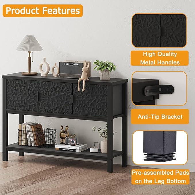 FATORRI Console Sofa Table, Entryway Table with Storage, Modern Foyer Tables with Doors for Hallway Dining Living Room (47.24 Inch Wide, Black)