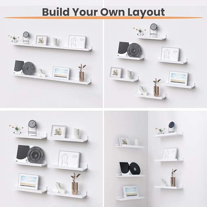 upsimples Floating Shelves for Wall, Wall Shelves for Decor Storage Set of 6, Wall Mounted Wood Shelf for Bedroom, Living Room, Bathroom, Kitchen, Picture Ledge Shelf, White