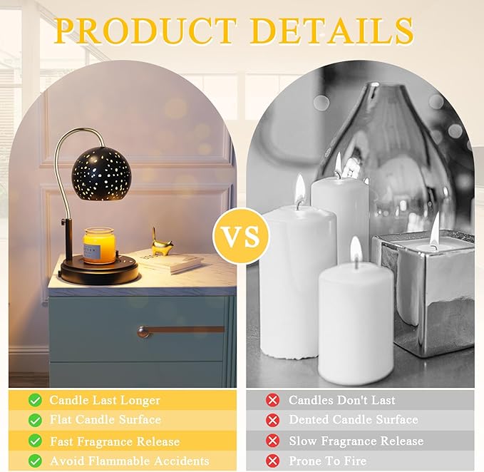 Candle Warmer Lamp with Timer, Candle Warmer Lamp Adjustable Height with 2 Bulbs, Dimmable Electric Candle Warming Lamp for Scented Jar Candles, Black