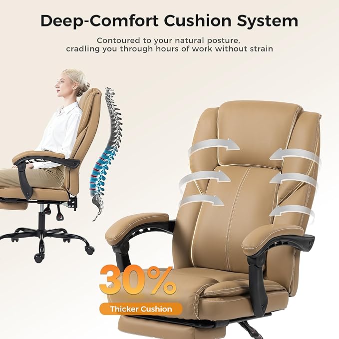 Office Chair with Footrest, Executive Breathable Leather Office Desk Chair with Lumbar Support - Ergonomic Comfy Wide Reclining Swivel Rolling Gaming Computer Chair with Adjustable 90-135° High Back